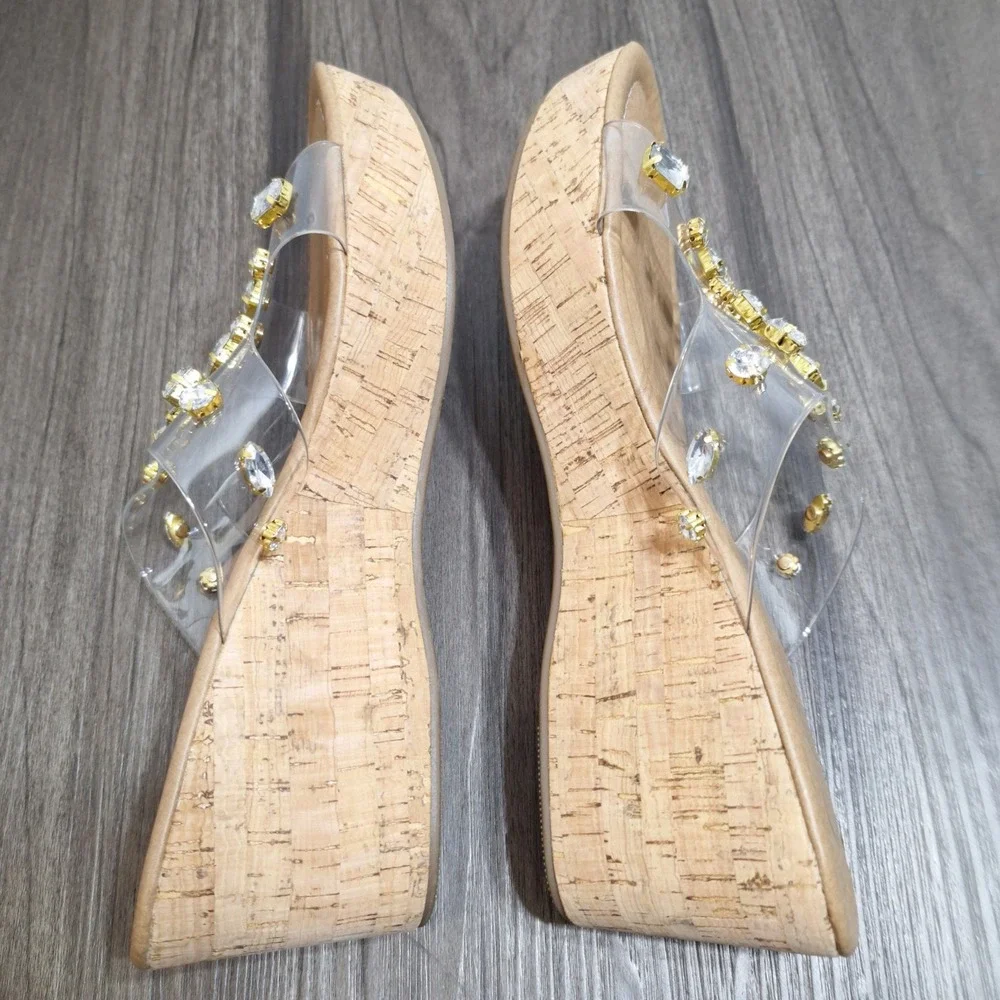 Comfort Women's Size 9M Tan Clear PVC Straps Rhinestones Cork Wedge Sandals